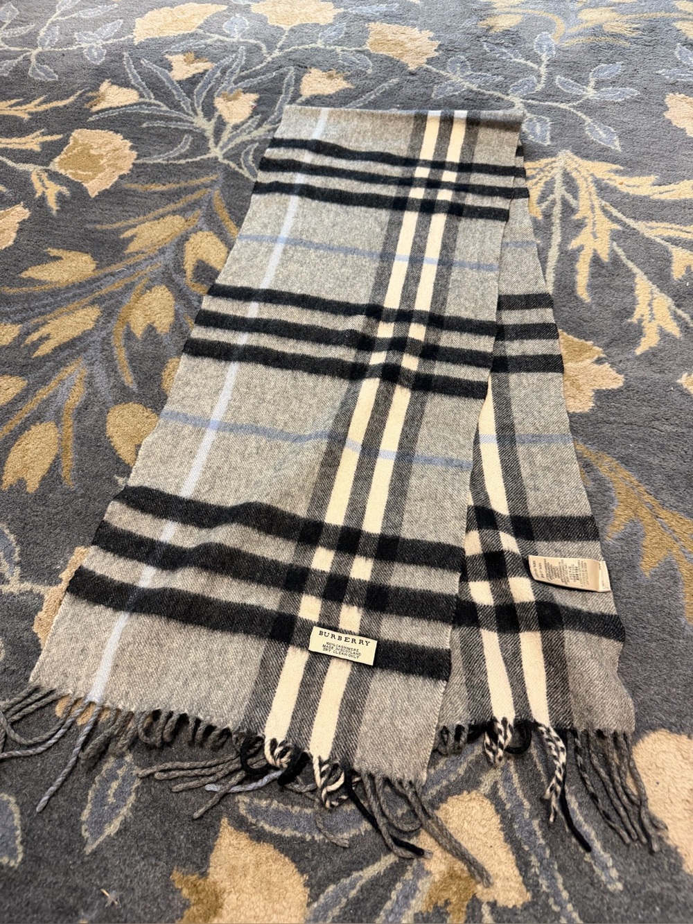 Vintage Burberry Grey Black Cream Check Wool Scarf